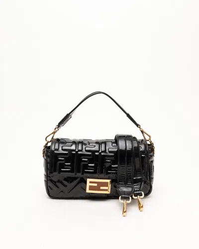 Fendi Large Patent Ff Embossed Baguette Bag In Black