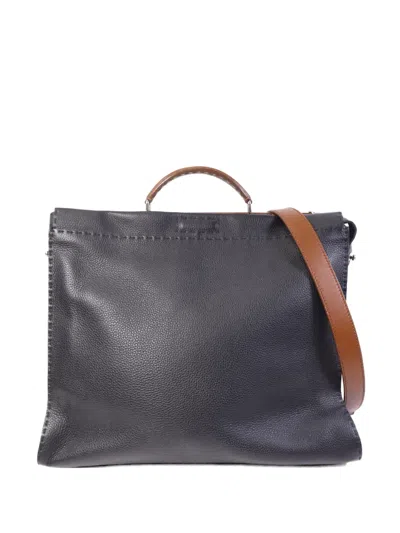 Pre-owned Fendi Large Peekaboo Leather Shoulder Bag In Black