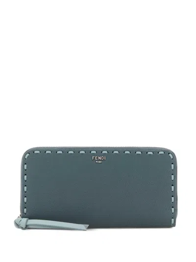 Fendi Large Peekaboo Stitched Leather Wallet In Blue