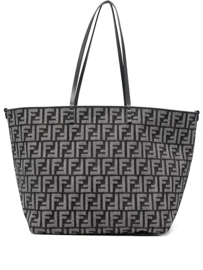 Fendi Women Roll Large Shopper Bag With All-over Ff Motif In Black