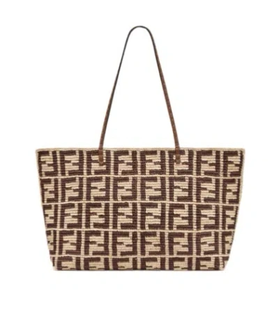 Fendi Large Roll Ff Crochet Tote Bag In Brown