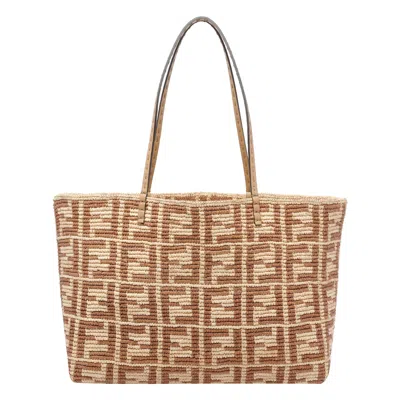 Fendi Large Roll Rafia Shopping Bag In Brown