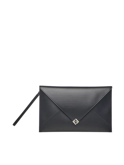 Fendi Large Flat Pouch With Envelope Design And Wrist Strap In Black