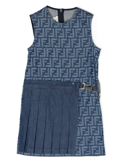 Fendi Kids' Layered Monogram Denim Dress In Blue