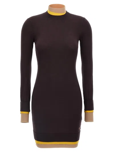 Fendi Mini Wool Dress With Contrasting Details In Burgundy