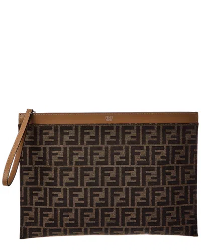 Fendi Leather & Canvas Clutch In Brown