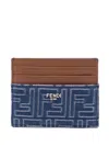 Fendi Blue Denim Effect Ff Jacquard Card Holder And Brown Leather Men In Blue