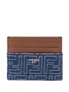 Fendi Blue Denim Effect Ff Jacquard Card Holder And Brown Leather Men In Blue
