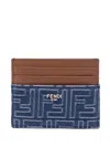 Fendi Blue Denim Effect Ff Jacquard Card Holder And Brown Leather Men In Blue