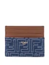 Fendi Blue Denim Effect Ff Jacquard Card Holder And Brown Leather Men In Blue