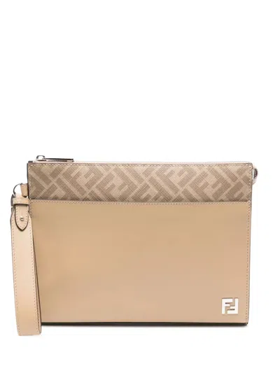 Fendi Leather And Ff Canvas Clutch In Brown