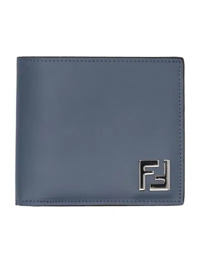 Fendi Leather And Ff Canvas Compact Bi-fold Wallet In Blue