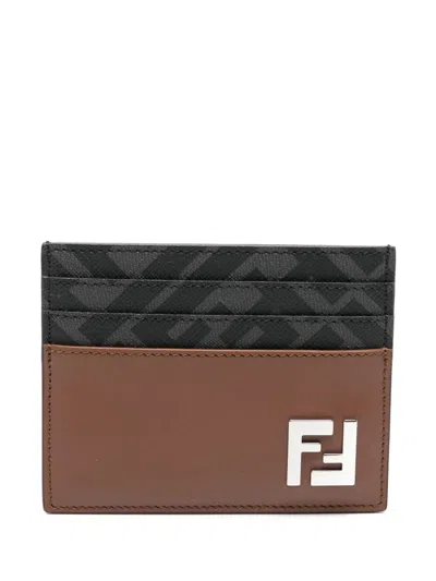 Fendi Portacarte Multicolor In Pelle E Tela Uomo In Brown