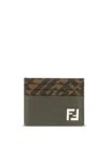 Fendi Brown Card-holder With Squared Ff Motif In Leather And Ff Canvas Man In Brown