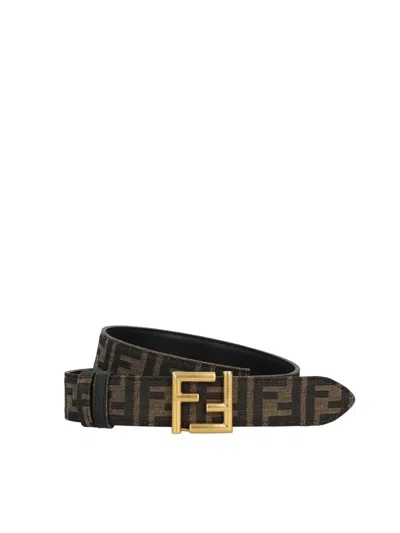 Fendi Leather And Ff Fabric Reversible Belt In Black