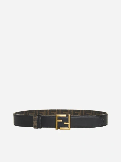 Fendi Leather And Ff Fabric Reversible Belt In Black,tobacco