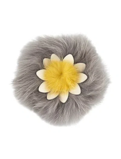 Pre-owned Fendi Leather & Fur Flower Brooch In Grey/white/yellow
