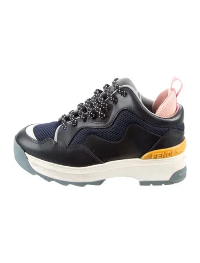 Pre-owned Fendi Leather And Mesh T-rex Low Top Sneakers Chunky Sneakers In Black