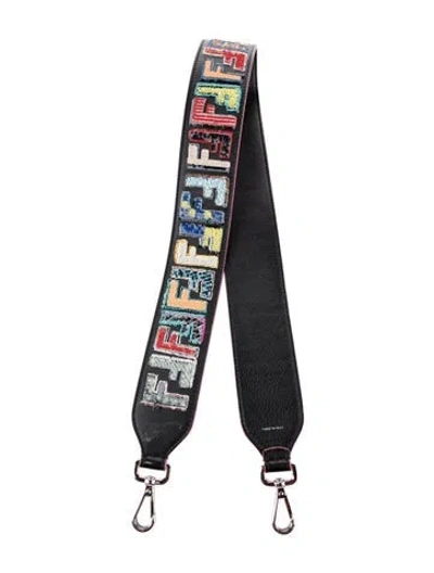 Pre-owned Fendi Leather And Sequins Pattern Print Bag Strap In Black