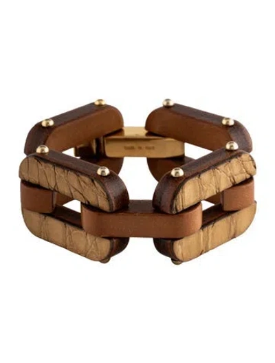 Pre-owned Fendi Leather & Wood Link Bracelet, 6.5" In Brown