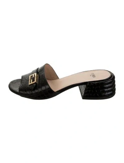 Pre-owned Fendi Leather Animal Print Slides In Black