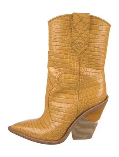 Pre-owned Fendi Leather Animal Print Western Boots In Yellow