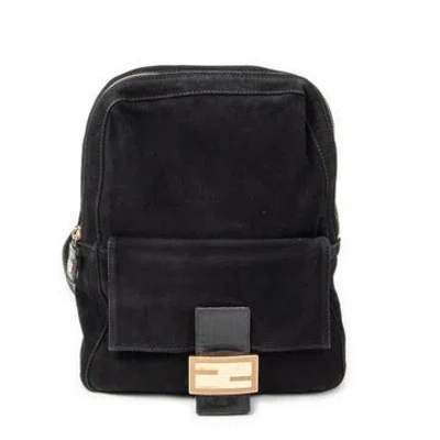 Pre-owned Fendi Leather Baguette Logo Backpack In Black