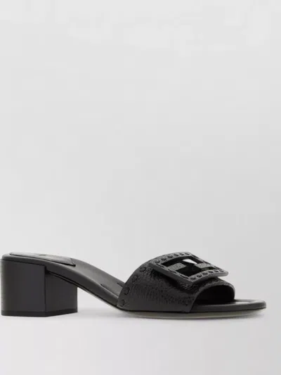 Fendi Leather Baguette Mules Block Heel Open Toe In Black