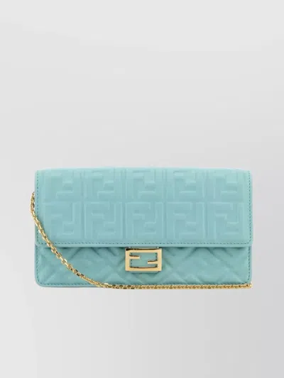 Fendi Leather Baguette Wallet Chain Strap In Light Blue