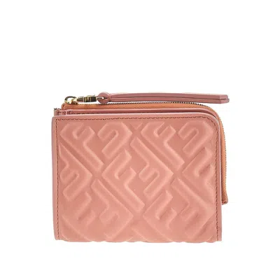 Fendi Leather Bi-fold Wallet With Ff Motif In Pink