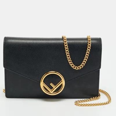 Pre-owned Fendi Leather Black Envelope Wallet On Chain