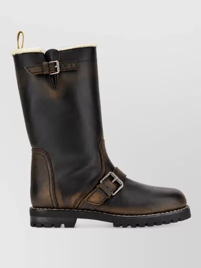 Fendi Commando Dark Brown Leather And White Shearling Boots In Black
