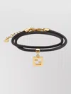 Fendi Leather Bracelet With Gold Tone Charm In Black
