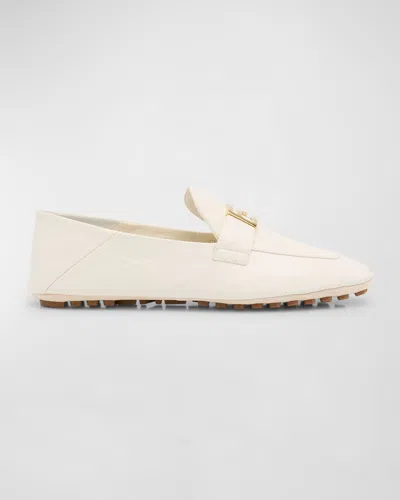 Fendi Leather Buckle Driver Loafers In White