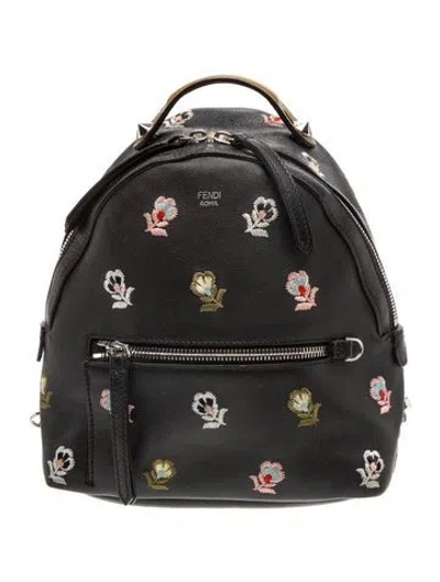 Pre-owned Fendi Leather By The Way Floral Embroidered Mini Backpack In Black
