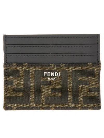 Fendi Credit Card Holder In Leather And Cotton With Monogram Motif In Brown