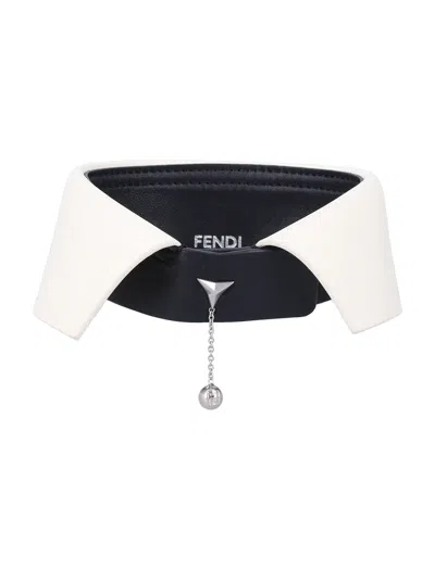 Fendi Leather Choker Necklace With Chain Pendant In Bianco