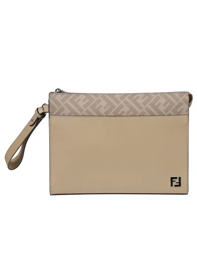 Fendi Leather Clutch Bag In Sand