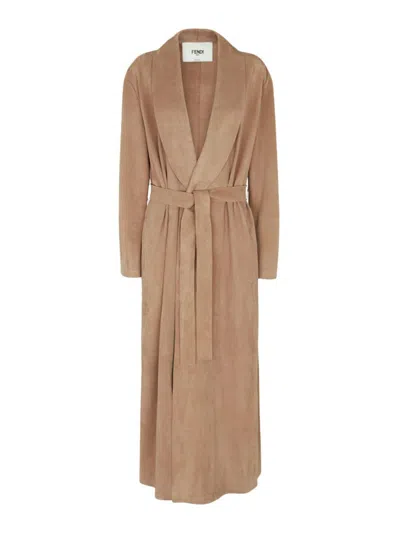 Fendi Leather Coat In Nude & Neutrals