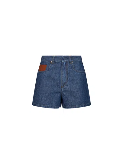 Fendi Leather Coin Pocket Denim Shorts In Blue