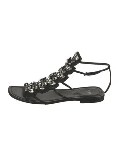 Pre-owned Fendi Leather Crystal Embellishments Sandals In Black