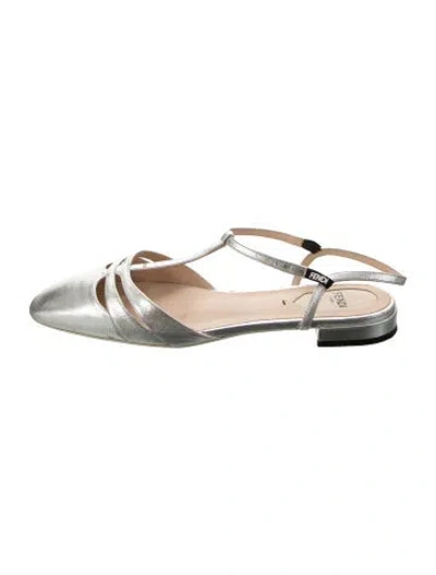 Pre-owned Fendi Leather Cutout Accent Slingback Flats In Silver