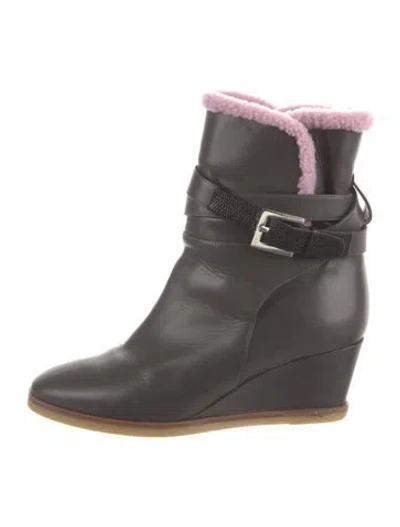 Pre-owned Fendi Leather Faux Fur Trim Boots In Gray