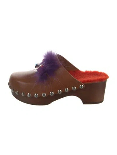 Pre-owned Fendi Leather Faux Fur Trim Mules In Brown
