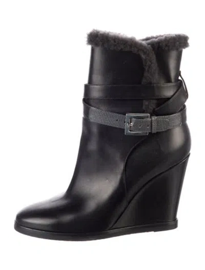 Pre-owned Fendi Leather Faux Fur Trim Rain Boots In Black