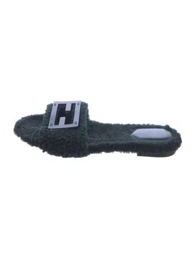 Pre-owned Fendi Leather Faux Fur Trim Slides In Blue