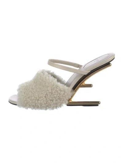 Pre-owned Fendi Leather Faux Fur Trim Slides In Neutrals