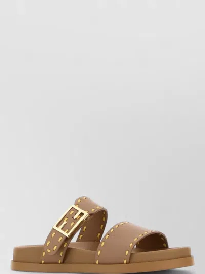 Fendi Leather Feel Flat Double Strap Sandals In Brown
