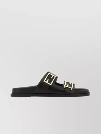 Fendi F Buckle Leather Slide Sandals In Black
