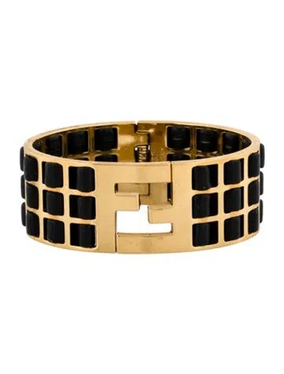 Pre-owned Fendi Leather Sta Bangle Bracelet, 5.5" In Black